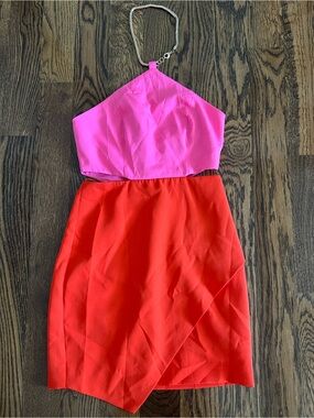 Two-Tone Pink Halter Mini Dress with Red Skirt